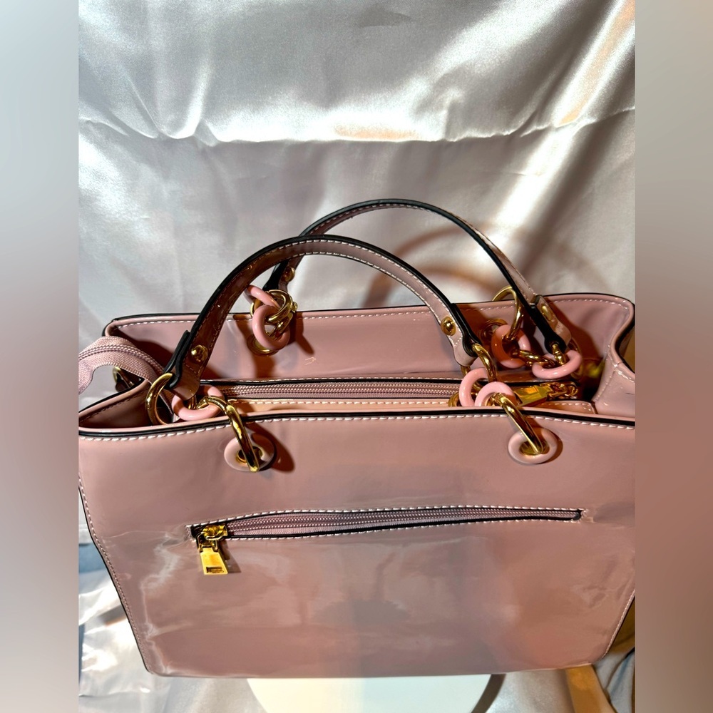Blush Pink Patent Leather Structured Bag WGold-Tone handles & og Crossbody Strap - Picture 3 of 9